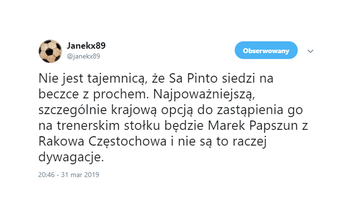 Pierwszy POWAŻNY KANDYDAT do zastąpienia Sa Pinto w Legii. POLAK